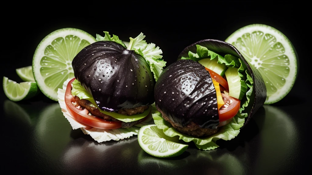 Burger soda and lettuce and tomatoes sliced cucumbers crazy with black gradient background hyper realistic neon details