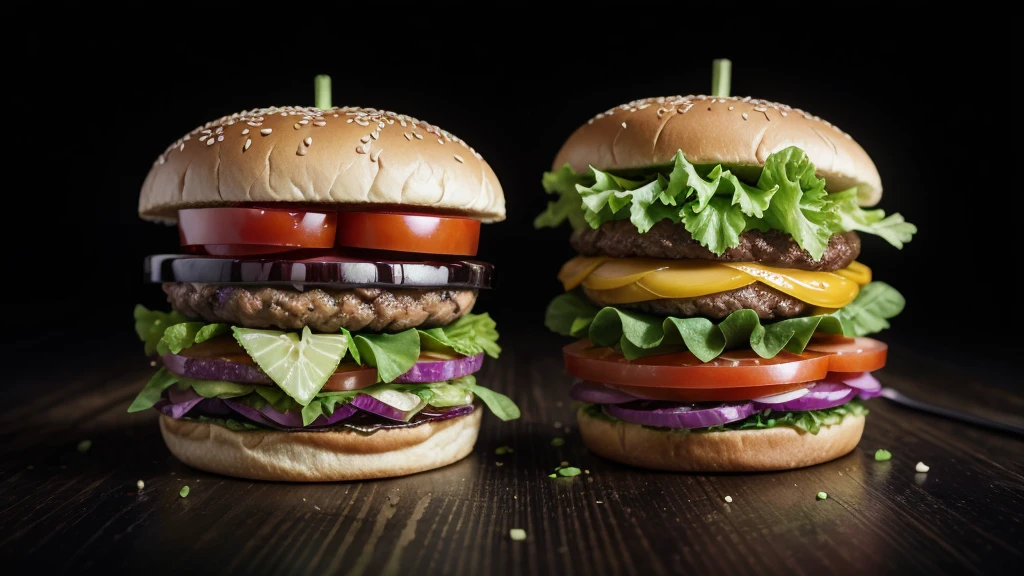 Burger soda and lettuce and tomatoes sliced cucumbers crazy with black gradient background hyper realistic neon details