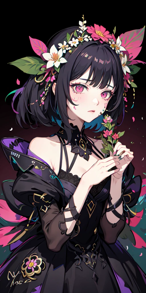 style by NTY, a woman, infected face, flowers, flower armor, colorful background, cluttered,