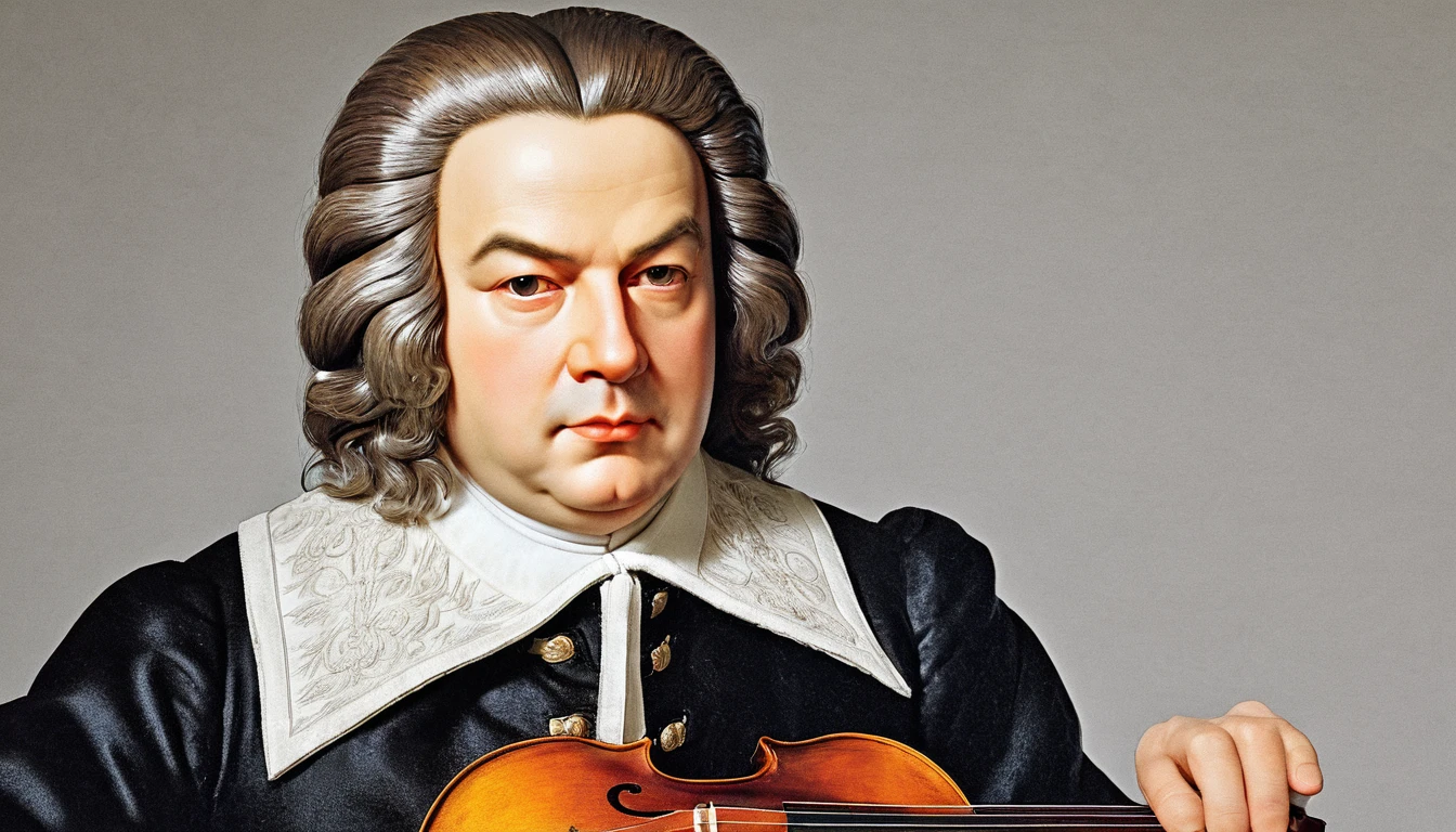 Bach looks on solemnly., Bach&#39;s "Air on the G String." The flowing melody and rich harmonies provide a soothing and peaceful experience, offering a moment of calm amidst the hustle and bustle of daily life. It's a perfect composition for deep relaxation and inner peace.