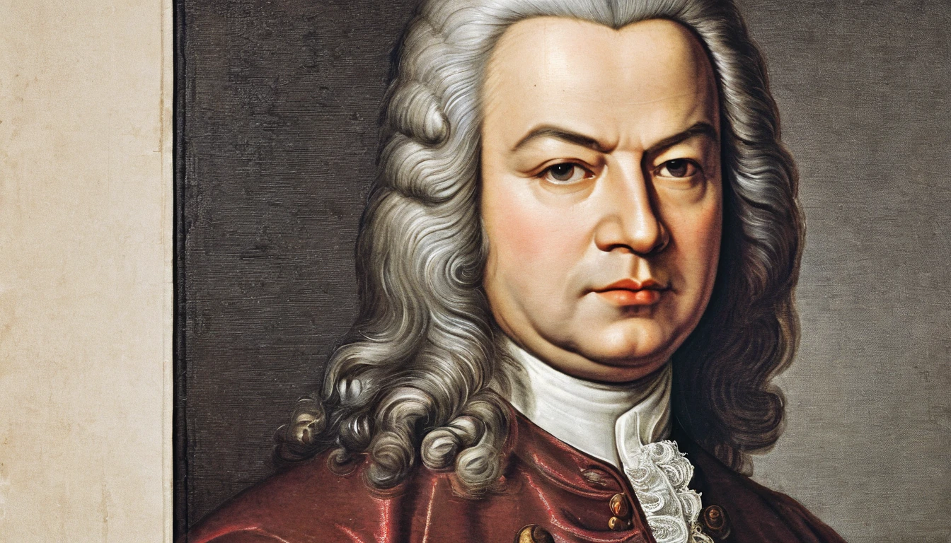 Bach looks on solemnly., Bach's "Air on the G String." The flowing melody and rich harmonies provide a soothing and peaceful experience, offering a moment of calm amidst the hustle and bustle of daily life. It's a perfect composition for deep relaxation and inner peace.