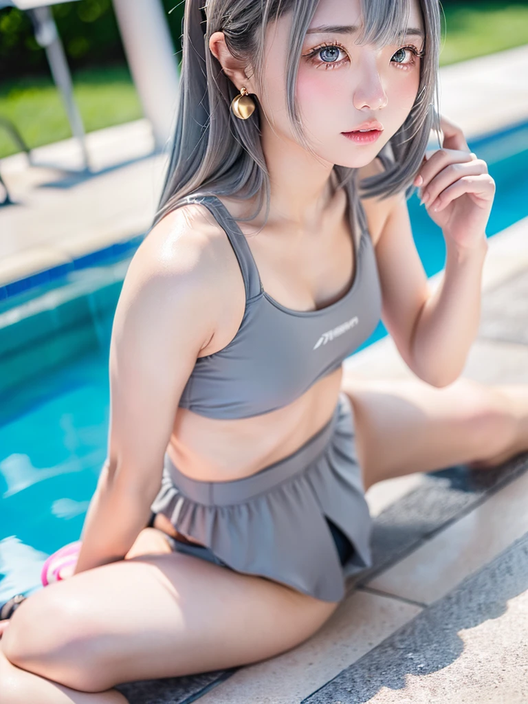 8K, RAW Photos, Fujifilm, Beautiful 20 year old woman style photo, (((Gray Hair:1.3,美しいGray Hairのストレートヘアー、シルキーなGray Hair)))、(((School Swimsuit:1.5,))) Gold earrings, (Highly detailed skin: 1.2), Light medium brown hair, Film Grain, 35mm, Cute Style、(((Sitting 1.5)))、Selfie with smartphone、Pool