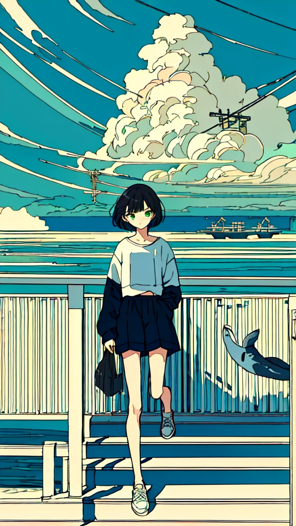 masterpiece, intricate details,highest quality, 1 girl, alone, handrail, cloud,outdoor, whale, short hair, shoes, null, long sleeve, sneakers, power line, 白いshoes, black hair, looking at the viewer, telephone pole, bangs, cloudy null, fish, bird, green eyes, shorts, animal, Day, black shirt,立っている