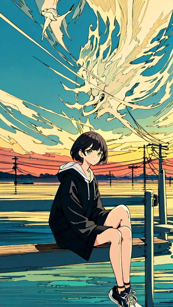 masterpiece, intricate details,highest quality, 1 girl, alone, handrail, cloud,outdoor, whale, short hair, shoes, null, long sleeve, sneakers, power line, 白いshoes, black hair, looking at the viewer, telephone pole, bangs, cloudy null, fish, bird, green eyes, shorts, animal, Day, black shirt,立っている