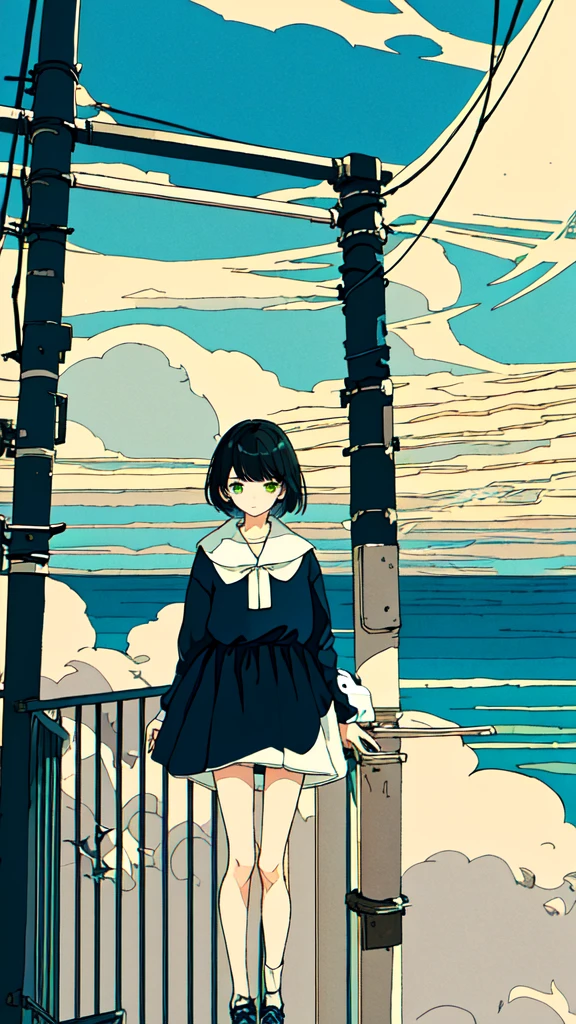 masterpiece, intricate details,highest quality, 1 girl, alone, handrail, cloud,outdoor, whale, short hair, shoes, null, long sleeve, sneakers, power line, 白いshoes, black hair, looking at the viewer, telephone pole, bangs, cloudy null, fish, bird, green eyes, shorts, animal, Day, black shirt,立っている