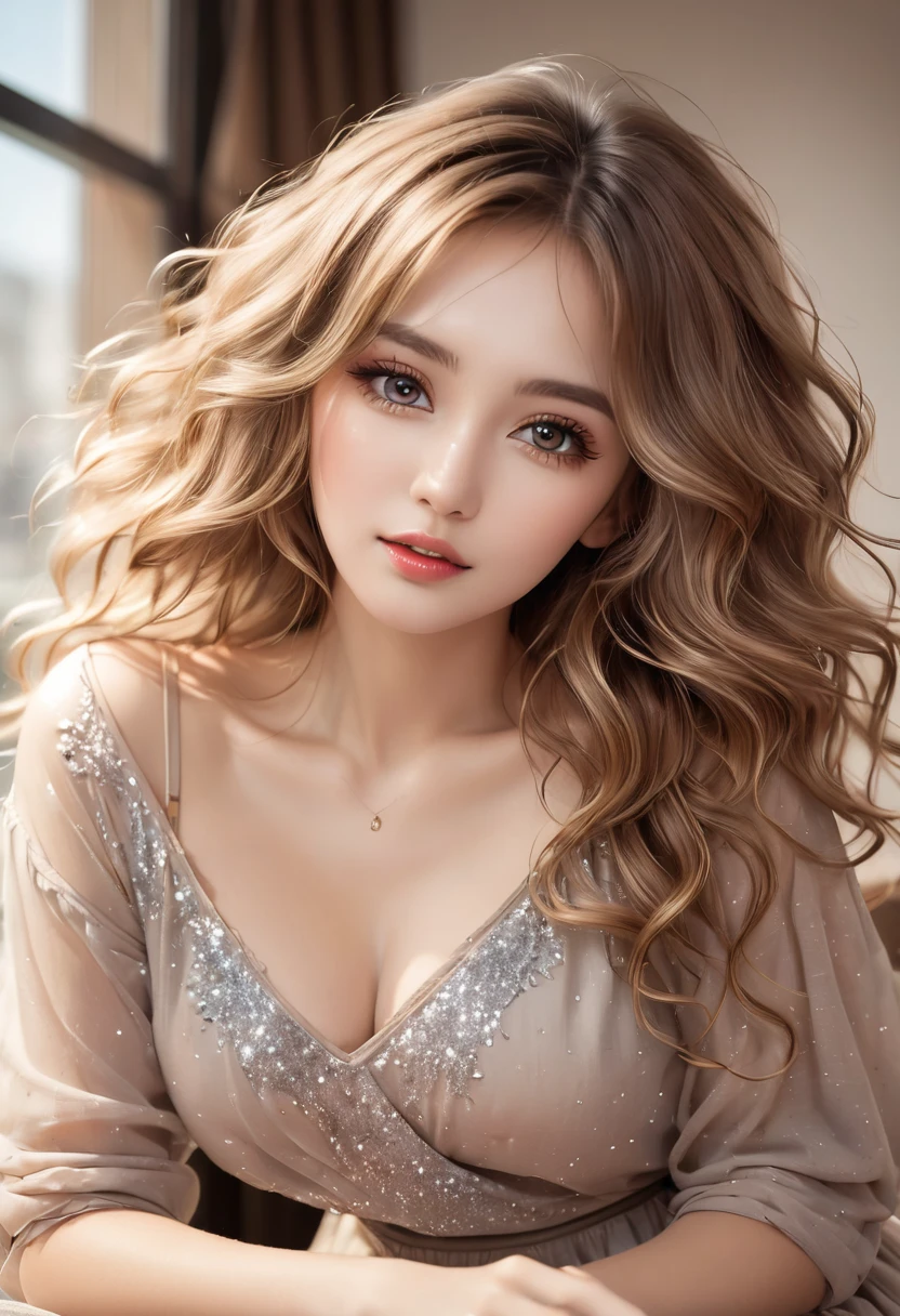( Absurd, High quality, ultra-detailed, masterpiece, concept art, smooth, highly detailed artwork, hyper-realistic painting ) reddish orange hair , very alluring eyes , sweet smile , transparent dress, historical goddness , curl long hair , cute and sexy , gorgeous face 