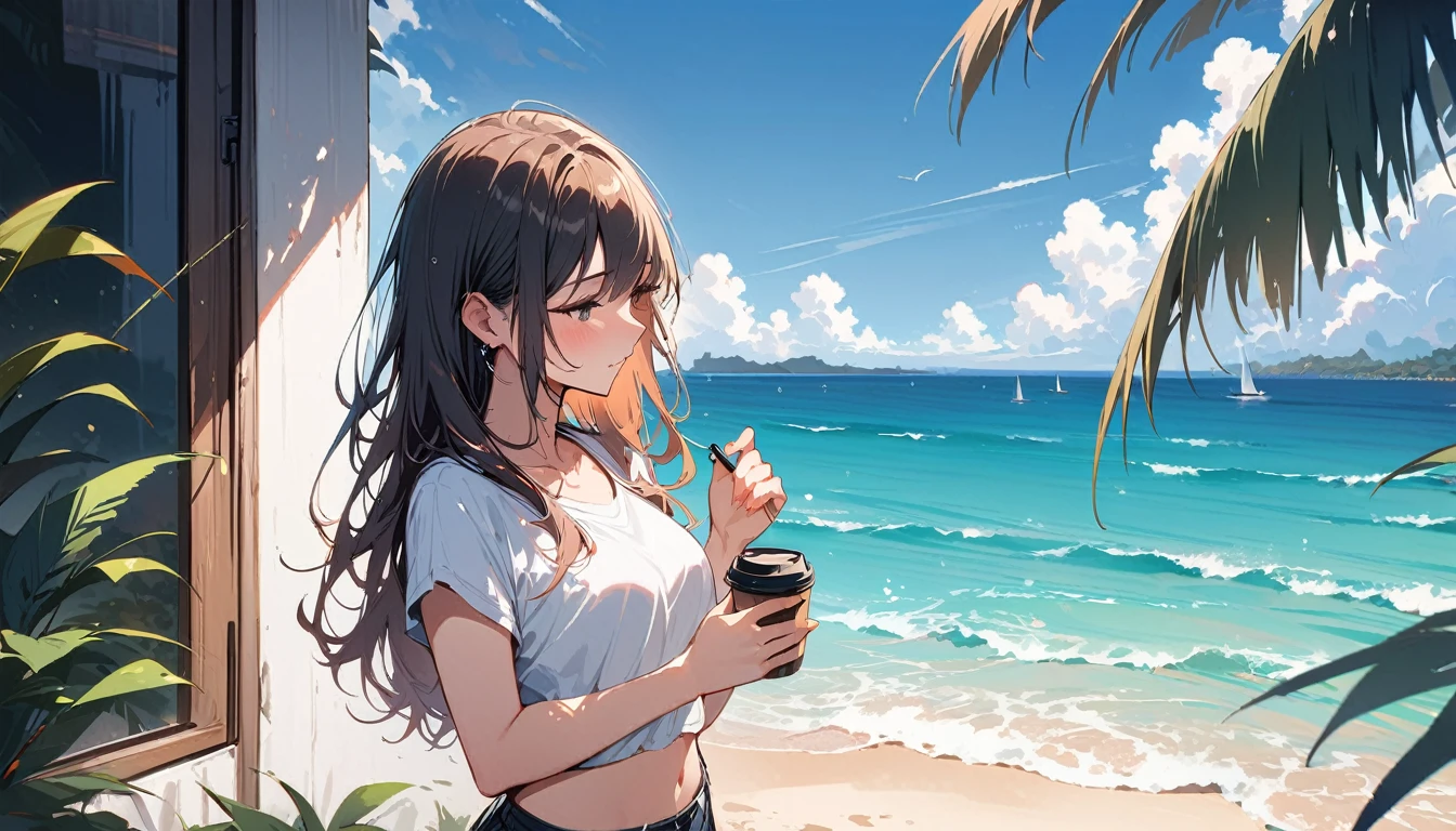 (masterpiece, Highest quality:1.2), 1 Girl, alone,Eyes open,Have a coffee,Tropical atmosphere,Ocean