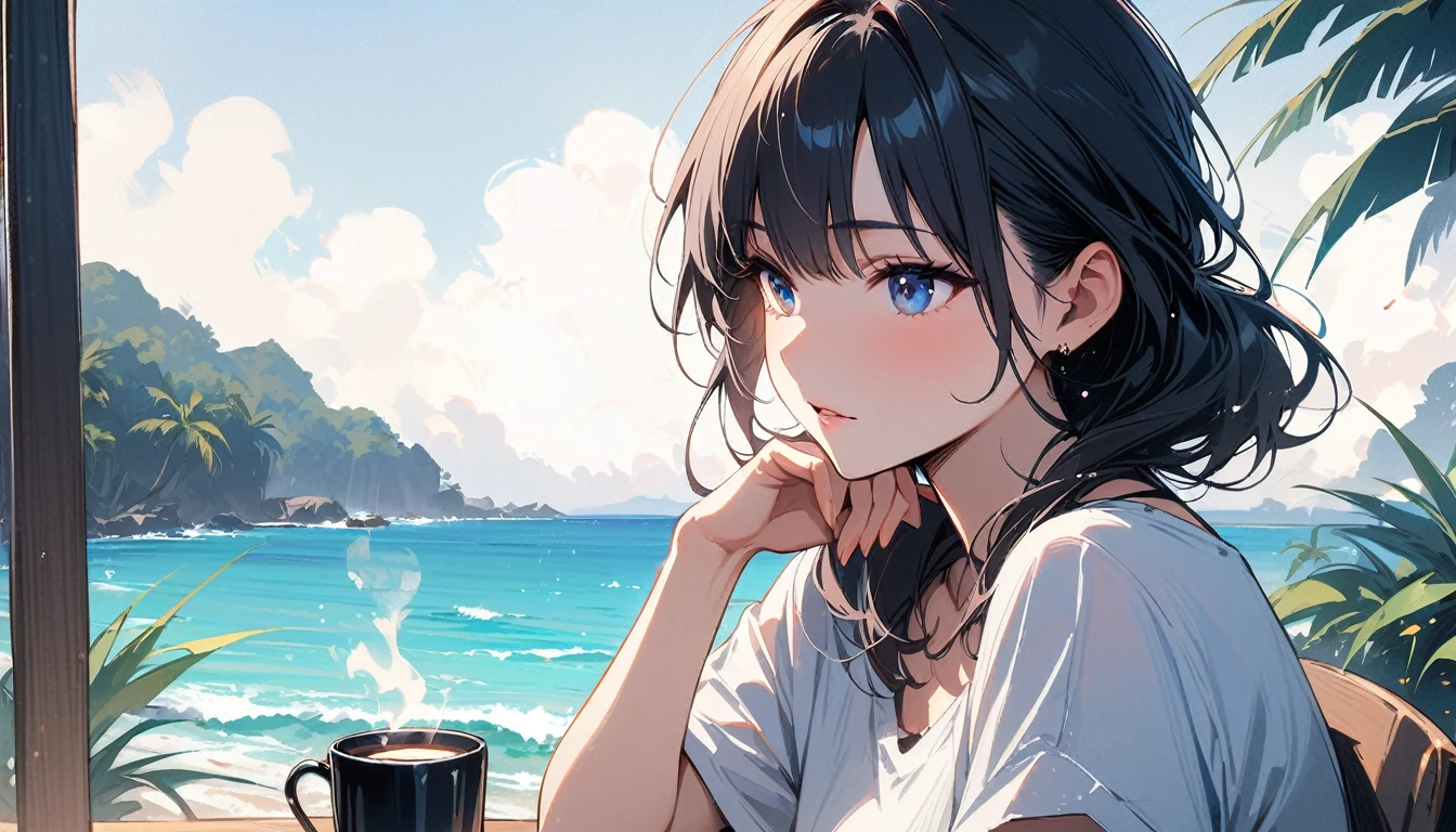 (masterpiece, Highest quality:1.2), 1 Girl, alone,Eyes open,Have a coffee,Tropical atmosphere,Ocean