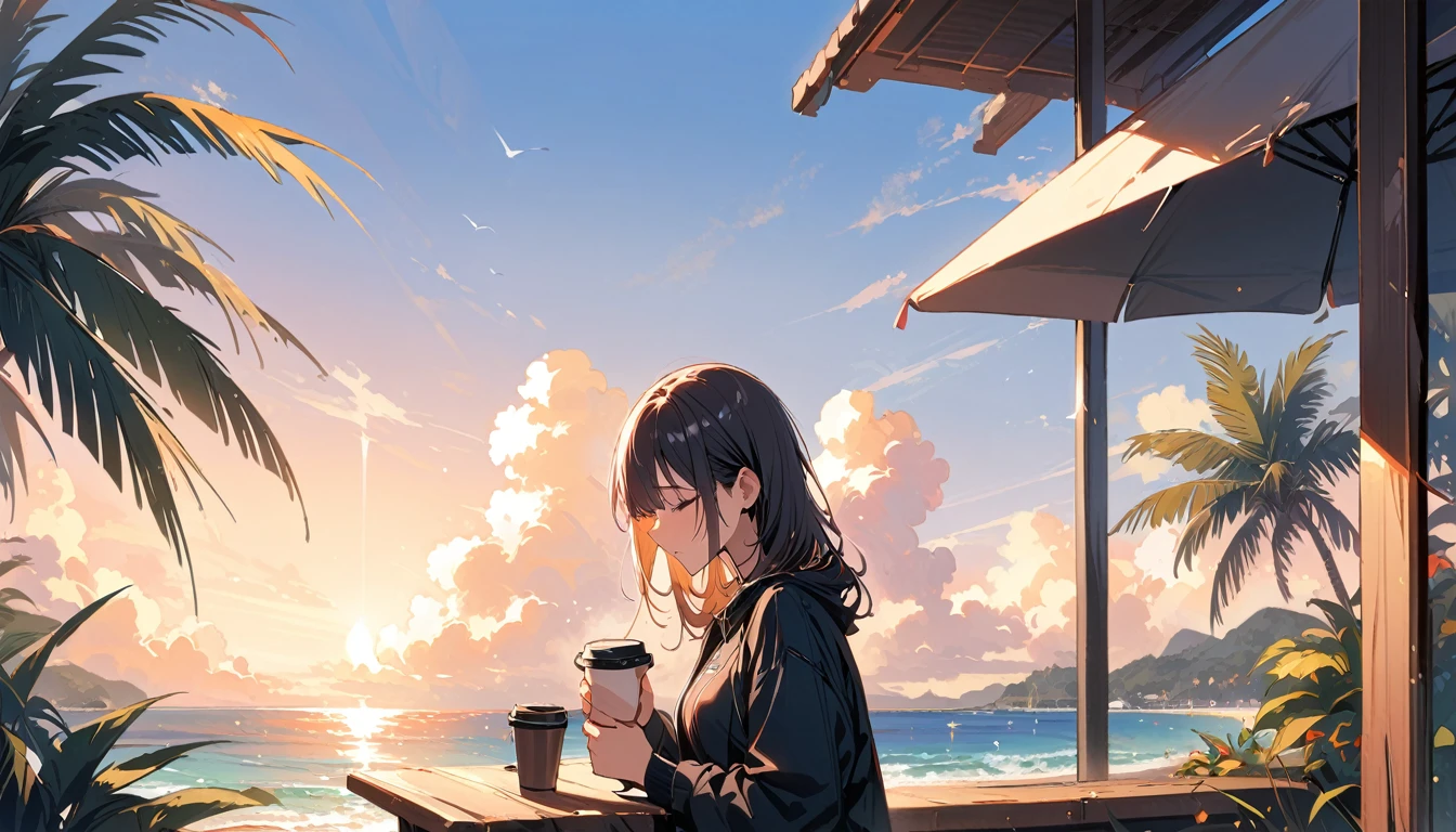 (masterpiece, Highest quality:1.2), 1 Girl, alone,Eyes open,Have a coffee,Tropical atmosphere,Ocean