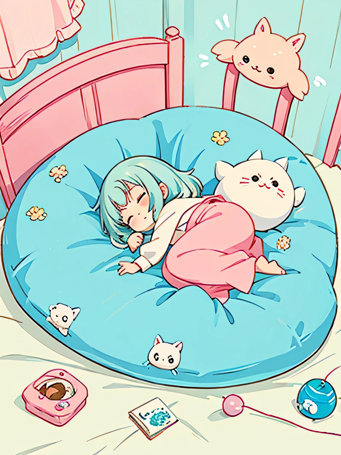 Hayao Miyazaki style、Kawaii Design, The most beautiful girl of all time、chibi, Cute and colorful amoeba, nap, Cute room bed