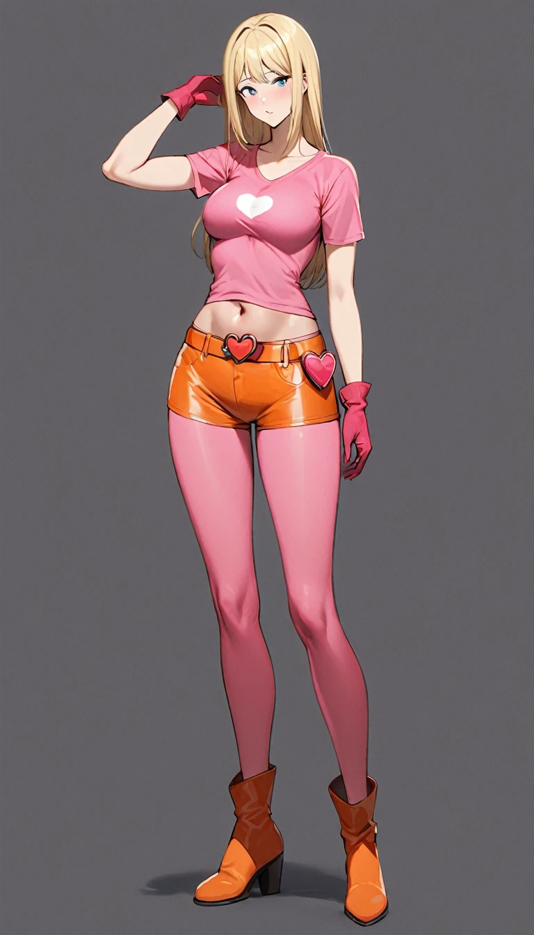 Mature girl with tall straight blonde posture, wears a plain tight pink short Sleeve u-neck t-shirt, she expose her midriff and she expose her navel, she wears blue leather shorts, she wears pink small boots, she wears a large orange belt with a red heart-shaped buckle, she wears small pink gloves, full body