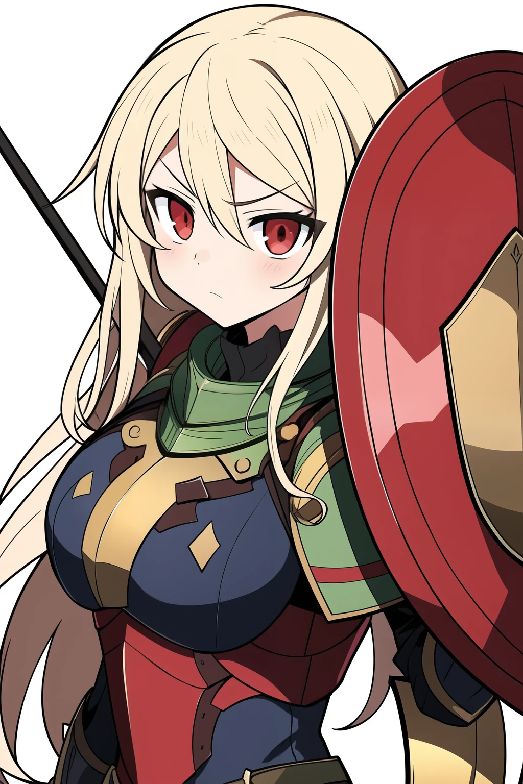 ((Highest quality)), ((masterpiece)), (detailed), One girl, Blonde, long hair, anime, Heavy armor:1.5, Large Shield, gun, Etrian Odyssey, Red Eyes, Rin々Shii, [(white background:1.4)::5], Adventurer, left hand have big shield, right hand have spear, sharp eyes, battle, frown