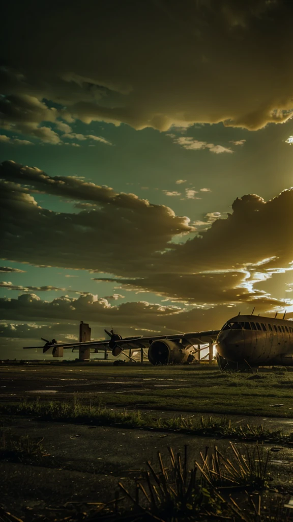 abandoned airport, derelict airplane, overgrown nature, ruins, crumbling architecture, atmospheric lighting, cinematic composition, moody tones, realistic, photorealistic, 8k, best quality, highly detailed, masterpiece, cinematic lighting, dramatic shadows, gritty, weathered, dystopian, sci-fi, post-apocalyptic