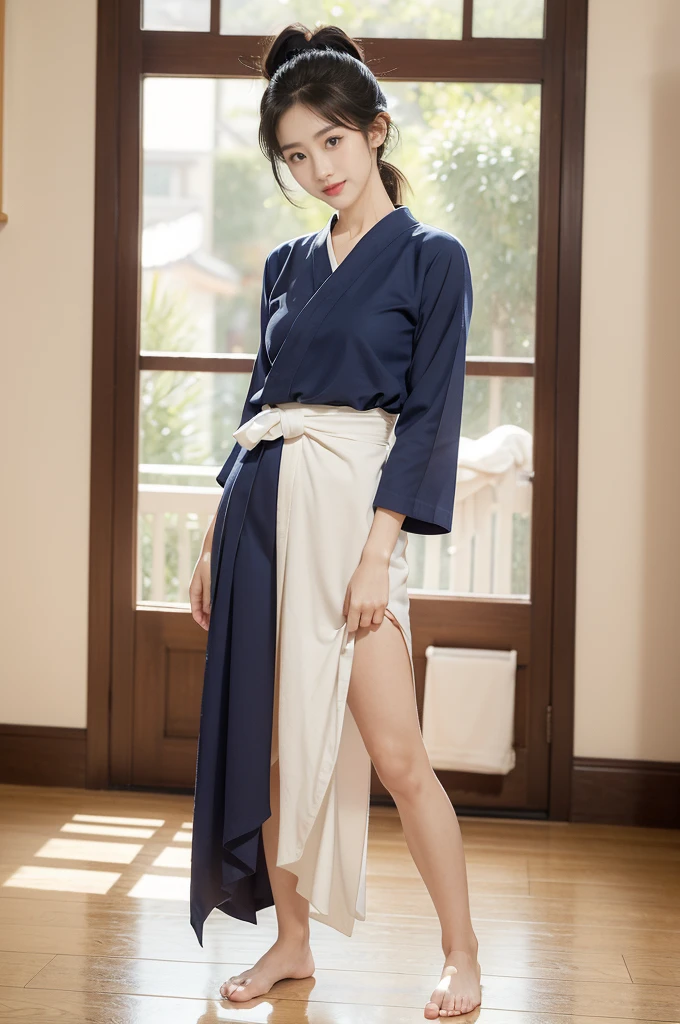 (((best quality))),(((ultra detailed))),(((masterpiece))),illustration,1girl,solo,short ponytail,slim,thin,small breasts,flat chest,white collar,white kendogi,three-quarter sleeves,maxi navy-blue kendo hakama,standing in kendodo gym,arms behind back,focused and determined expression,ready for challenge,slender and elegant face,confident and resilient,fair skin,blush,neat teeth,bright smile,clean and tidy uniform,wooden gym floor,wall,pine scent,standard grip,ready to slice through obstacles,strong belief,determination,spirit of resilience,admiring,from front,full body,bare feet