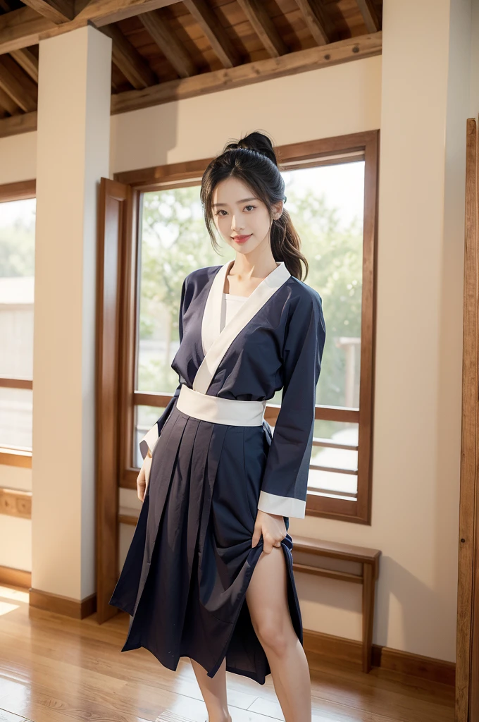 (((best quality))),(((ultra detailed))),(((masterpiece))),illustration,1girl,solo,short ponytail,slim,thin,small breasts,flat chest,white collar,white kendogi,three-quarter sleeves,maxi navy-blue kendo hakama,standing in kendodo gym,arms behind back,focused and determined expression,ready for challenge,slender and elegant face,confident and resilient,fair skin,blush,neat teeth,bright smile,clean and tidy uniform,wooden gym floor,wall,pine scent,standard grip,ready to slice through obstacles,strong belief,determination,spirit of resilience,admiring,from front,full body,bare feet