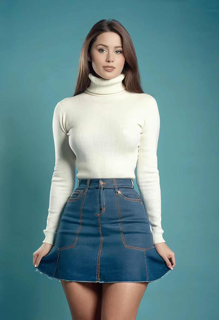 Full body shot of 1 beautiful woman, adult, large body, turtleneck sweater, (blue mini denim skirt), tight skirt tall, 19th century photo, deep focus, vintage film grain, color correction retro style, soft lighting,