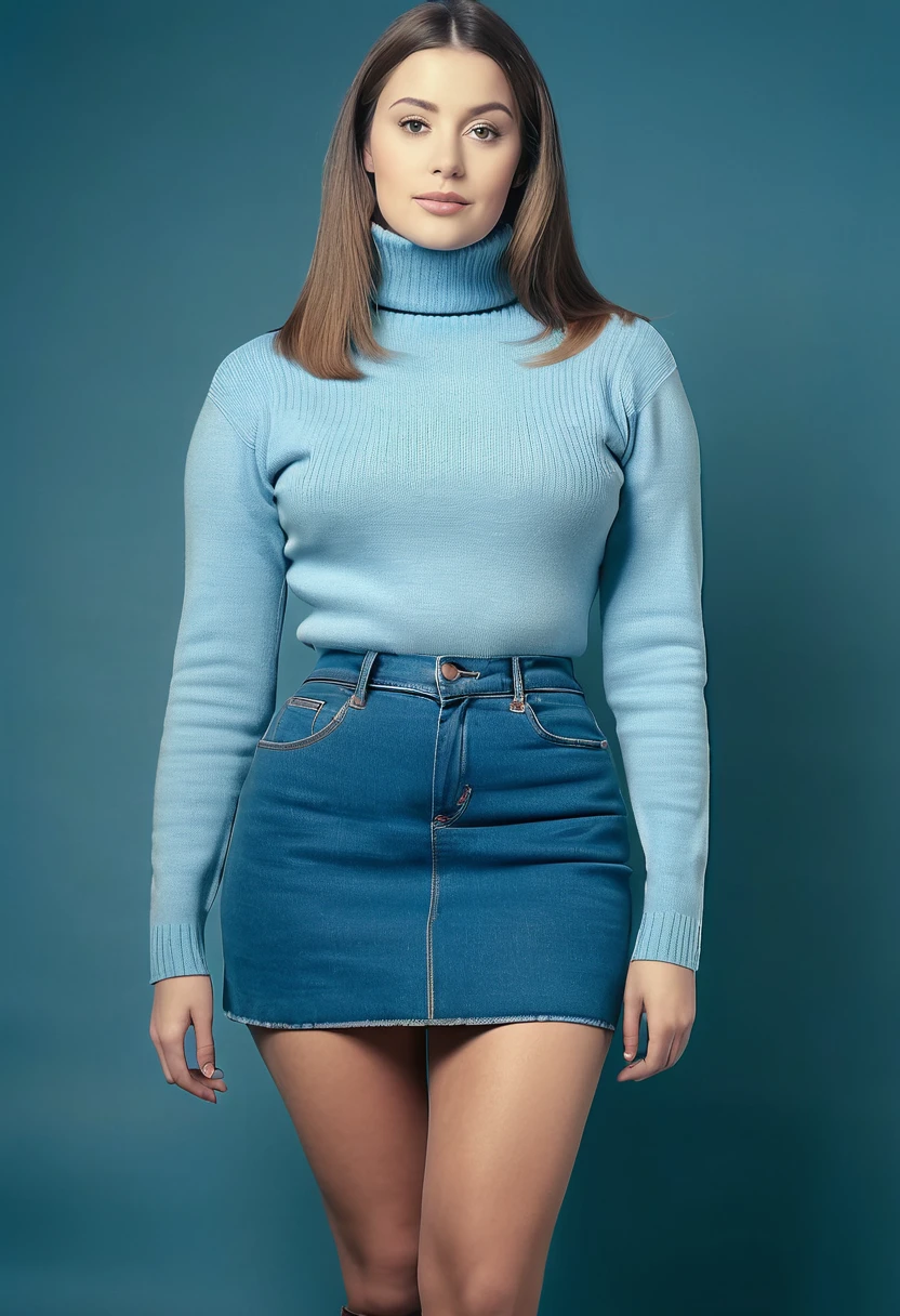 Full body shot of 1 beautiful woman, adult, large body, turtleneck sweater, (blue mini denim skirt), tight skirt tall, 19th century photo, deep focus, vintage film grain, color correction retro style, soft lighting,