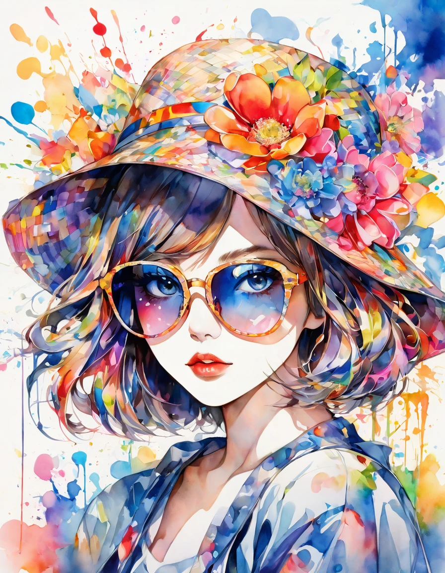 beautiful woman portrait, Sylvia Pelissero watercolors, colorful flowers、beautiful eyes、 abstract art, intense watercolor, watercolor detailed art, watercolor splash, surreal, avant-garde pop art, Beautiful and expressive paintings, Beautiful artwork illustration, very colorful tones, wonderful, cool beauty, highest quality,official art, women only, sharp outline, best shot, vector art, lips in love、Fashionable hats、Stylish sunglasses、 (((The strongest beautiful girl of all time))), (((Japanese)))、Idol、clear, Fashionable hats, (((highest quality))), bob hair, lips in love, HDR, ((Detailed details)), stylish fashion, detailed clothing texture, (((graffiti art))), colorful hair, ((masterpiece))、((Super detailed))