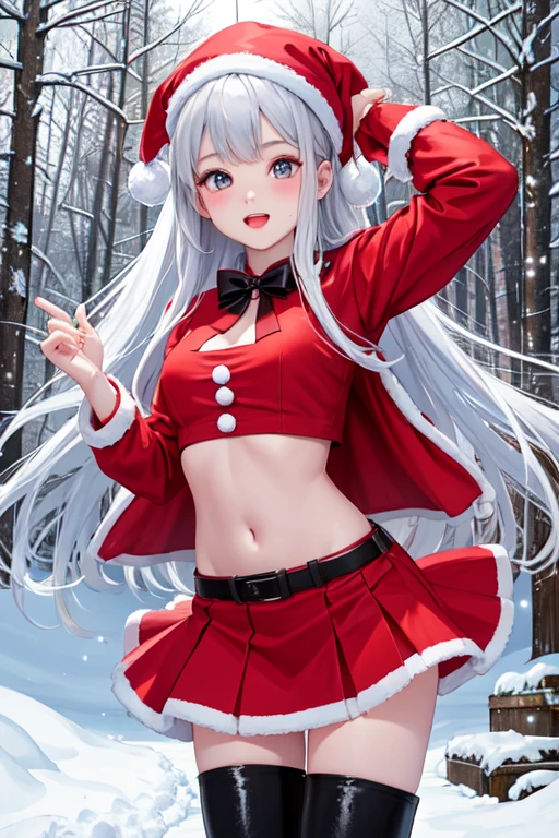 Bright atmosphere、One person、Santa Costume、skirt、17 years old、Belly button, snowy, night、Forest、Are standing、Draw the whole body、Black long boots、For viewers、Cute face, (Huge boobs:0.5)、Shiny skin