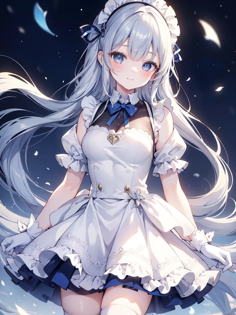 best quality,masterpiece,detailed face, uncensored, 1girl, solo focus, smile, blush, solo, full body, standing, dark blue hair, long hair,low tied hair, forehead, blue eyes, maid, maid headdress, dark blue dress, puffy sleeves, elbow gloves, white gloves, apron, long skirt, dark blue skirt, white thighhighs,Masterpiece, Top Quality Anime Illustration, Super Detail, One Girl, Solo, Beautiful Girl with Silver Hair, Anime , maid dress,Smile,(white background),((charming))、perfect proportions, cute woman, baby face, BREAK source_anime, high detail, looking at viewer,POV, large chest, best quality, highly detailed, young face,Droopy eyes,relaxed face,