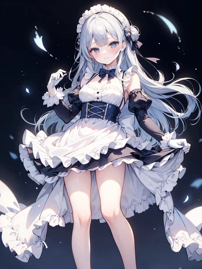 best quality,masterpiece,detailed face, uncensored, 1girl, solo focus, smile, blush, solo, full body, standing, dark blue hair, long hair,low tied hair, forehead, blue eyes, maid, maid headdress, dark blue dress, puffy sleeves, elbow gloves, white gloves, apron, long skirt, dark blue skirt, white thighhighs,Masterpiece, Top Quality Anime Illustration, Super Detail, One Girl, Solo, Beautiful Girl with Silver Hair, Anime , maid dress,Smile,(white background),((charming))、perfect proportions, cute woman, baby face, BREAK source_anime, high detail, looking at viewer,POV, large chest, best quality, highly detailed, young face,Droopy eyes,relaxed face,