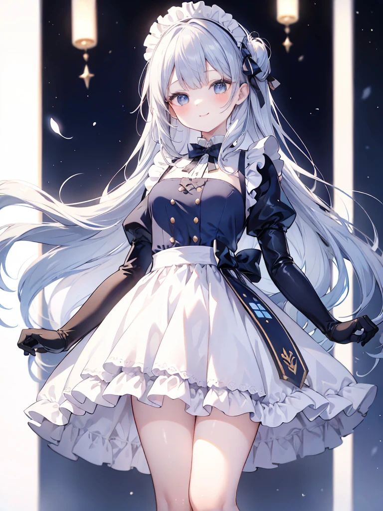 best quality,masterpiece,detailed face, uncensored, 1girl, solo focus, smile, blush, solo, full body, standing, dark blue hair, long hair,low tied hair, forehead, blue eyes, maid, maid headdress, dark blue dress, puffy sleeves, elbow gloves, white gloves, apron, long skirt, dark blue skirt, white thighhighs,Masterpiece, Top Quality Anime Illustration, Super Detail, One Girl, Solo, Beautiful Girl with Silver Hair, Anime , maid dress,Smile,(white background),((charming))、perfect proportions, cute woman, baby face, BREAK source_anime, high detail, looking at viewer,POV, large chest, best quality, highly detailed, young face,Droopy eyes,relaxed face,