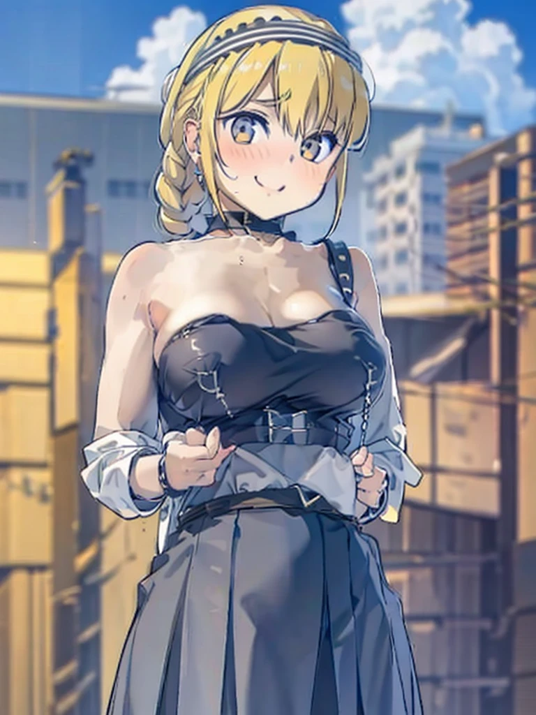 1girl, bandages, bandana, bare_shoulders, beach, blonde_hair, bracelet, braid, breasts, choker, cleavage, cloud, collarbone, dark-skinned_female, dark_skin, doubt_(thedo_ubt), highres, jewelry, khanae_(tomarius), lips, long_hair, looking_at_another, ocean, orange_eyes, original, outdoors, sand, scar, sky, smile, solo, tree, best quality, masterpiece, nai3
