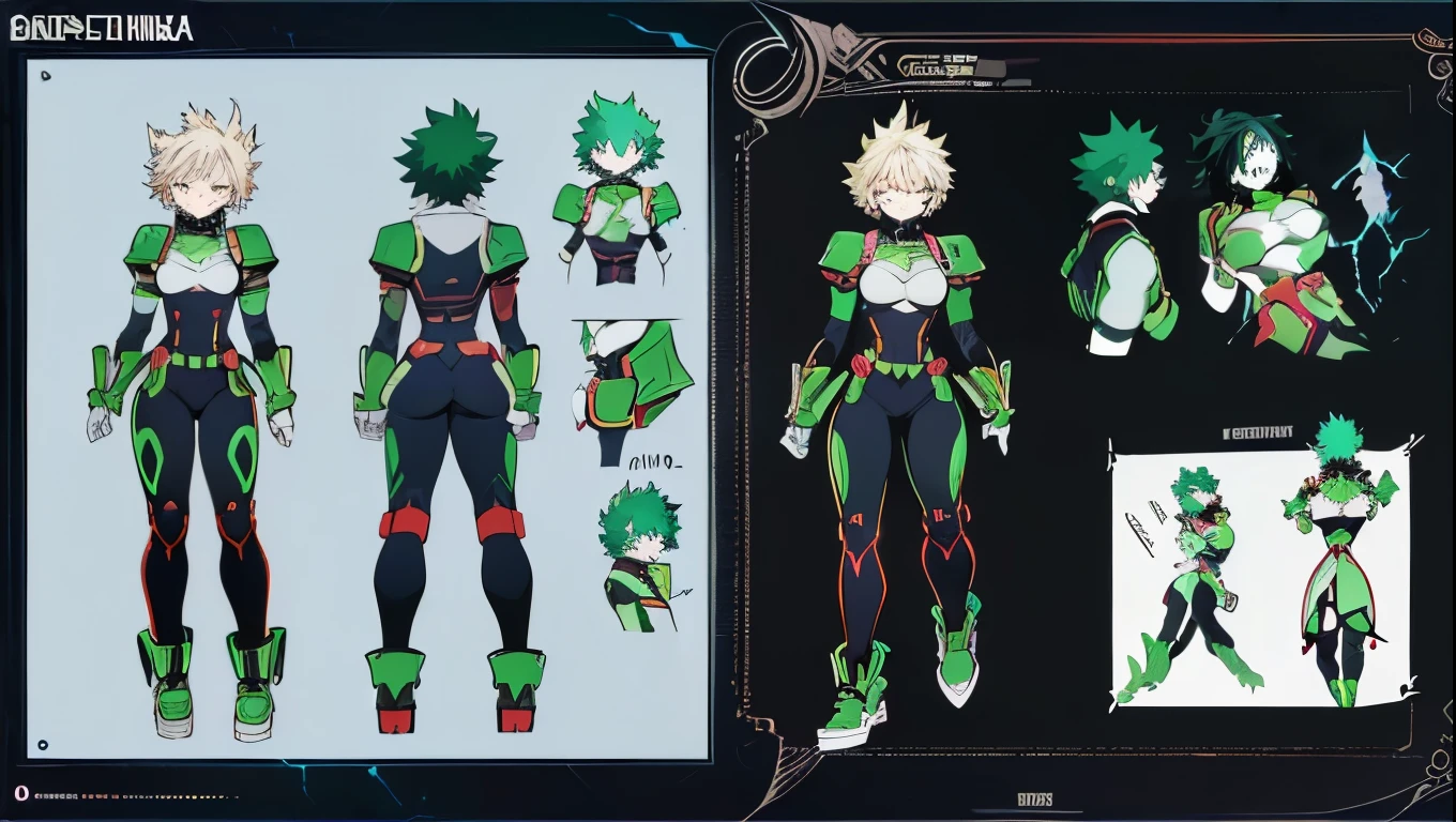 ((((My Hero academia style))), (Izuku Midoriya), (((genderbender))), 1girl, female, tomboy, High-tech armor, tight armor, ((sexy armor)), wide hips, wide thighs, medium sized breasts, wicked smile, evil look, ((Neon Green lightning around)), ((lightning in the background)), (black background), ((Neon Green lightning)), (Full body photo:1.5), (High resolution)), ((concept art of character)), ((Character Design Sheet)), (Same role), (frontage), (Lateral face), (on back), ((three sided view)), ((multiple views)), (((perfect anatomy))), (((perfect hands))), (((super detailed))),
