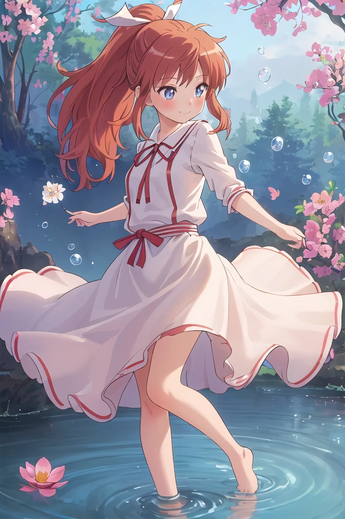 (highly detailed CG illustration), (masterpiece), (best quality), (ultra detailed), (illustration), (1female), standing, Fashion model, (detailed background),beautiful detailed eyes, delicate beautiful face, Floating,(high saturation),(colorful splashes),colorful bubble,(shining), focus on face, floating flowers, floating hairs, (shining), best lighting, best shadow, 1female solo, solo,full body, (highly detailed CG illustration), blue_eyes, blush, brown_hair, bangs, long_hair, closed_mouth, ponytail, ribbon, hair_ribbon, red_hair, koshigaya_natsumi_nonnonbiyori, very seductive pose, very cute smile
