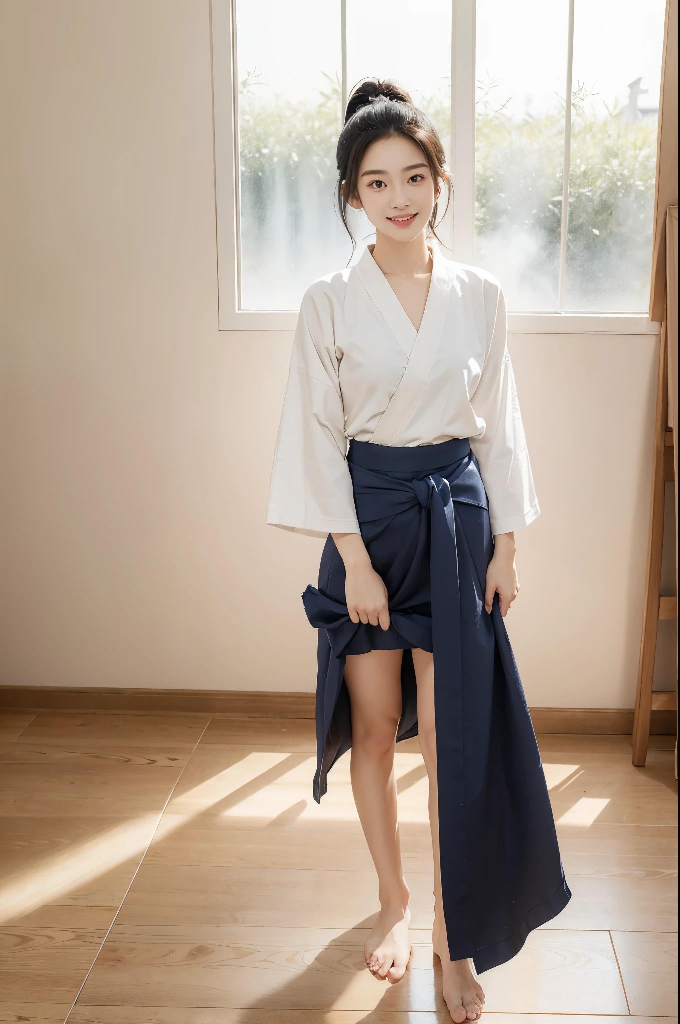 (((best quality))),(((ultra detailed))),(((masterpiece))),illustration,1girl,solo,short ponytail,slim,thin,small breasts,flat chest,white collar,white kendogi,three-quarter sleeves,navy-blue kendo hakama,standing in kendodo gym,arms behind back,focused and determined expression,ready for challenge,slender and elegant face,confident and resilient,fair skin,blush,neat teeth,bright smile,clean and tidy uniform,wooden gym floor,wall,pine scent,standard grip,ready to slice through obstacles,strong belief,determination,spirit of resilience,admiring,from front,full body,bare feet
