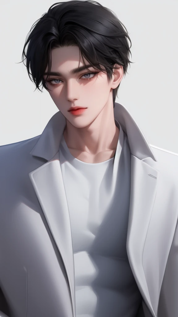 Boy, black hair, black eyes, serious sharp features, white skin, handsome, sweater, coat