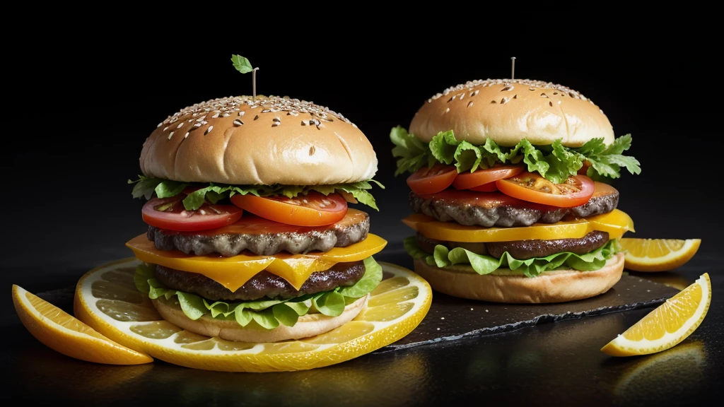 Fanta splesh soda burger and crazy sliced lettuce and tomatoes with black gears gradient background with metal details with sliced oranges and lemons hyper details realistic liquid splesh neon