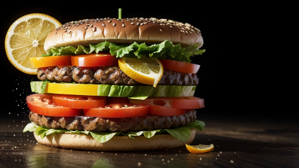 Fanta splesh soda burger and crazy sliced lettuce and tomatoes with black gears gradient background with metal details with sliced oranges and lemons hyper details realistic liquid splesh neon