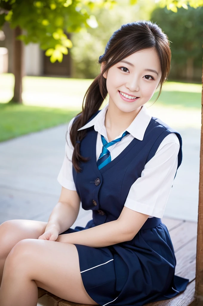 Pure Japanese school girl, natural body, wearing uniforms, natural ponytail, no makeup, impressive big brown eyes, pure smile, feeling soft breeze in hair, sitting, little bit sexy feeling, sweet temptation, professional portrait photography, dazzling summer sunlight,