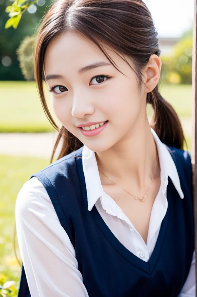 Pure Japanese school girl, natural body, wearing uniforms, natural ponytail, no makeup, impressive big brown eyes, pure smile, feeling soft breeze in hair, sitting, little bit sexy feeling, sweet temptation, professional portrait photography, dazzling summer sunlight,