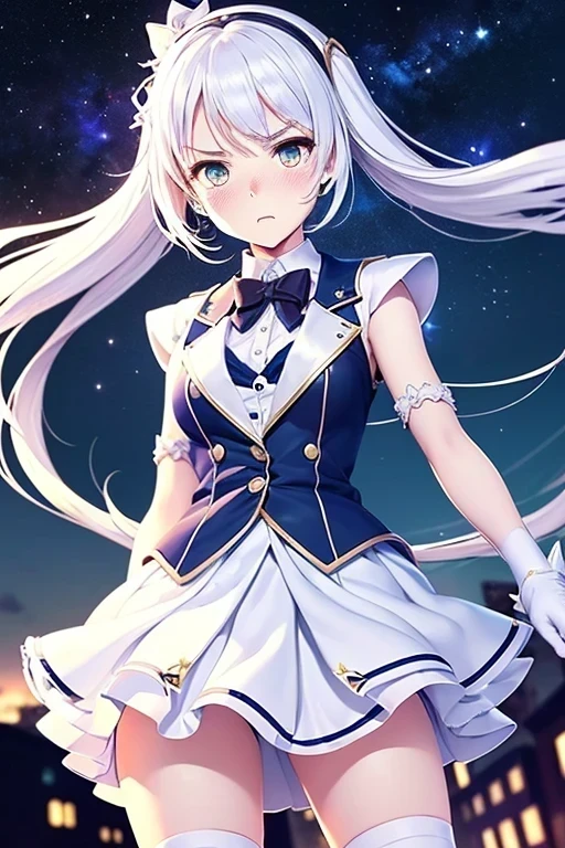 (((ultra detail game CG))), (((ultra detail background))), (((ultra detail girl))), (((ultra detail clothes))), (((best quality))), (((masterpiece))), (((ultra detail satin shading))), ((14 years old)), (((white magical girl))), (((white and navy satin blazer))), ((sleeveless)), (((white satin pleated skirt))), ((white twin tail)), ((navy eyes)), (((white satin long gloves))), ((white satin knee socks)), ((white satin arm cover)), ((night sky)), ((fighting)), standing, ((ashamed)), ((((blushed)))), ((???????)), ((tired)), ((hypnosis)), closed mouth