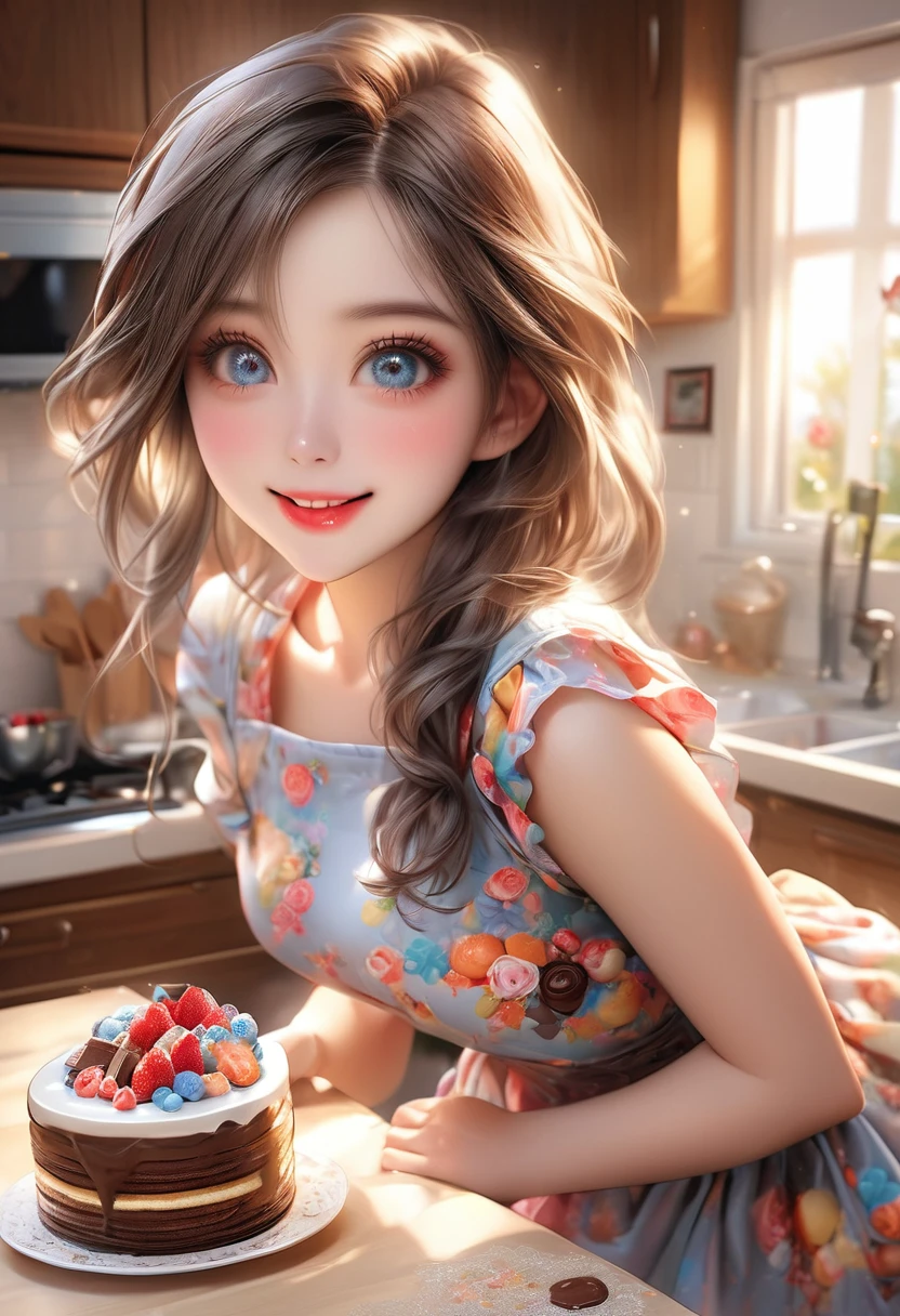beautiful cute girl, colorful kitchen, extremely intricate cute dress apron outfit, no sleeve, baking a cake, sneaking a taste, chocolate on her lips, happy smiling face, (highest quality,16k,highres,masterpiece:1.2),ultra-detailed,(ultra-realistic,photorealistic,photo-realistic:1.37),extremely detailed eyes and face,beautiful detailed eyes,beautiful detailed lips,longeyelashes,idol posing,warm color tones,natural lighting,soft focus,cute,adorable,whimsical,sweet