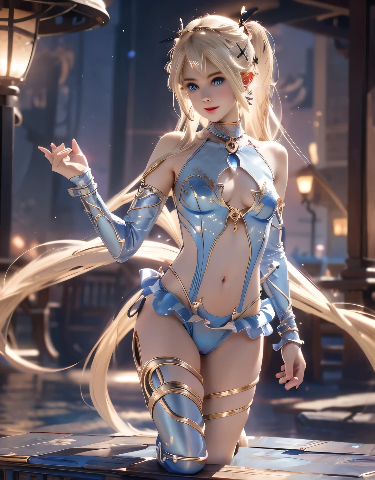 Marie rose, blue eyes, right blonde hair, middle breast, small hip,((Best quality)),((upscales, 8K, tmasterpiece: 1.5)), perfect body beautiful: 1.4, Glowing and radiant skin,Small slingshot transparent monokini, Pout your ass,round ass,Butt up,Film texture,