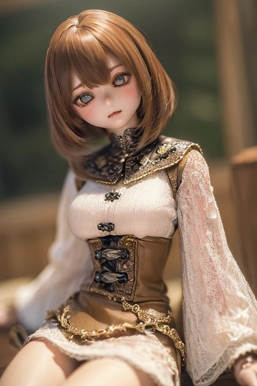 photorealistic, realistic photo, ((highest quality)), ((masterpiece)), (extremely detailed), kukolnydom, doll, (mature woman:1.6), solo, ((cowboy shot)), sitting on crate, arms on sides, green eyes, brown hair, parted lips, (looking down, blank eyes, empty eyes, detailed eyes:1.3), dress, warehouse, 8k