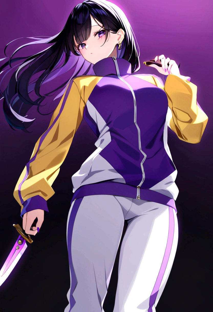 One girl, piercing purple irises, yellow tracksuit jacket, over the mouth high collar tracksuit, knife in hand, medium chest, white pants with purple accents, best quality, long black hair streaked with purple stripes,