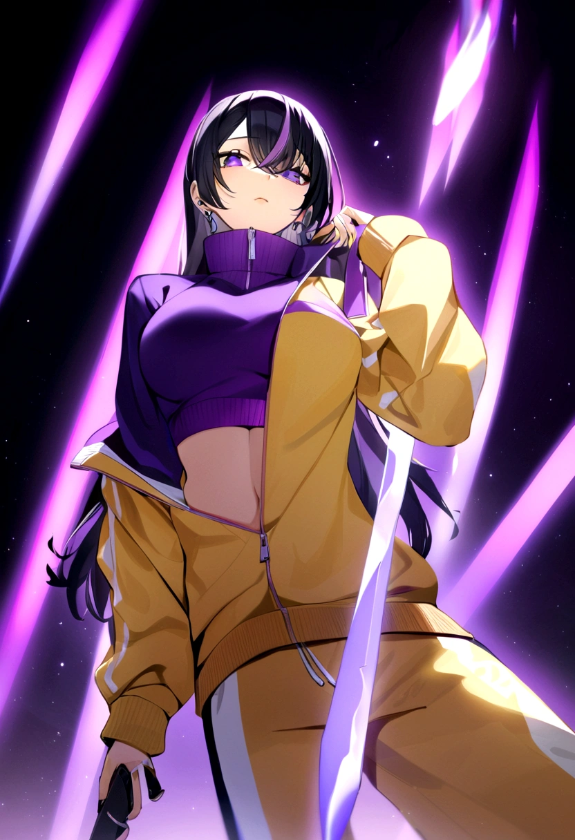 One girl, piercing purple irises, yellow tracksuit jacket, over the mouth high collar tracksuit, knife in hand, medium chest, white pants with purple accents, best quality, long black hair streaked with purple stripes,