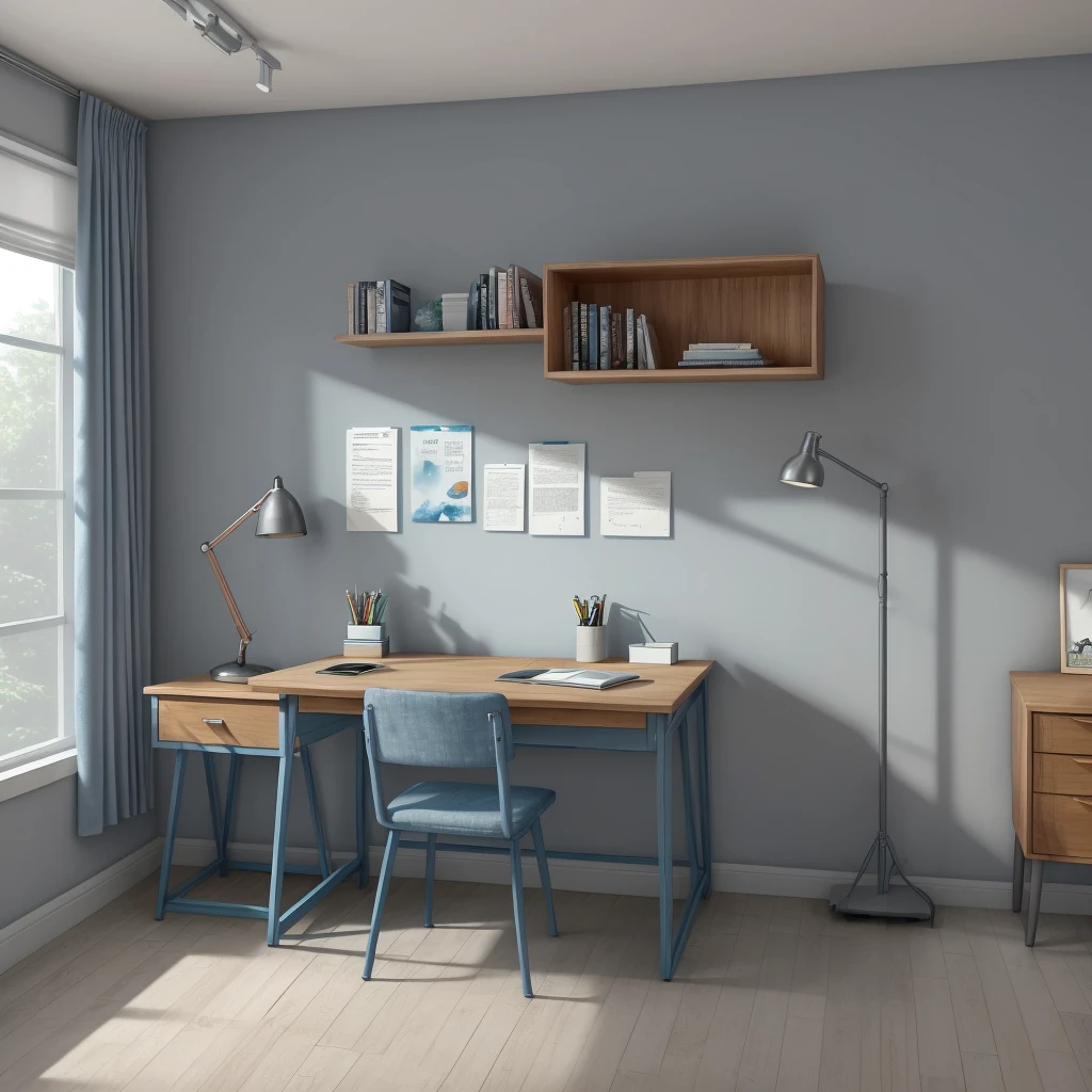 Create an office, mic, frost suvinil color wall, carmel acacia color mdf table, drawers, blue abstract painting frame, comfortable gray chair, table lamp, bookshelf, notbook, spot light, 