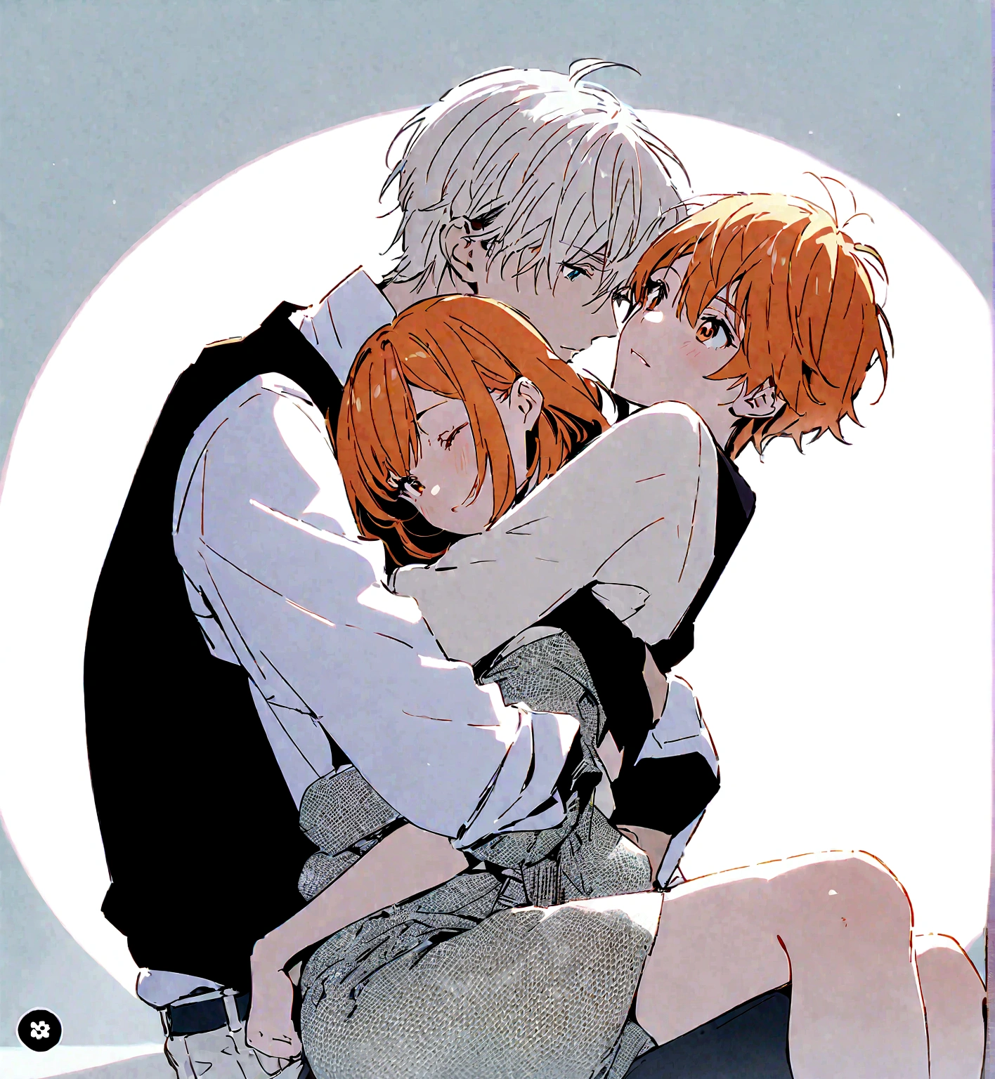A handsome orange hair boy, hugging a beautiful short haired girl with white hair