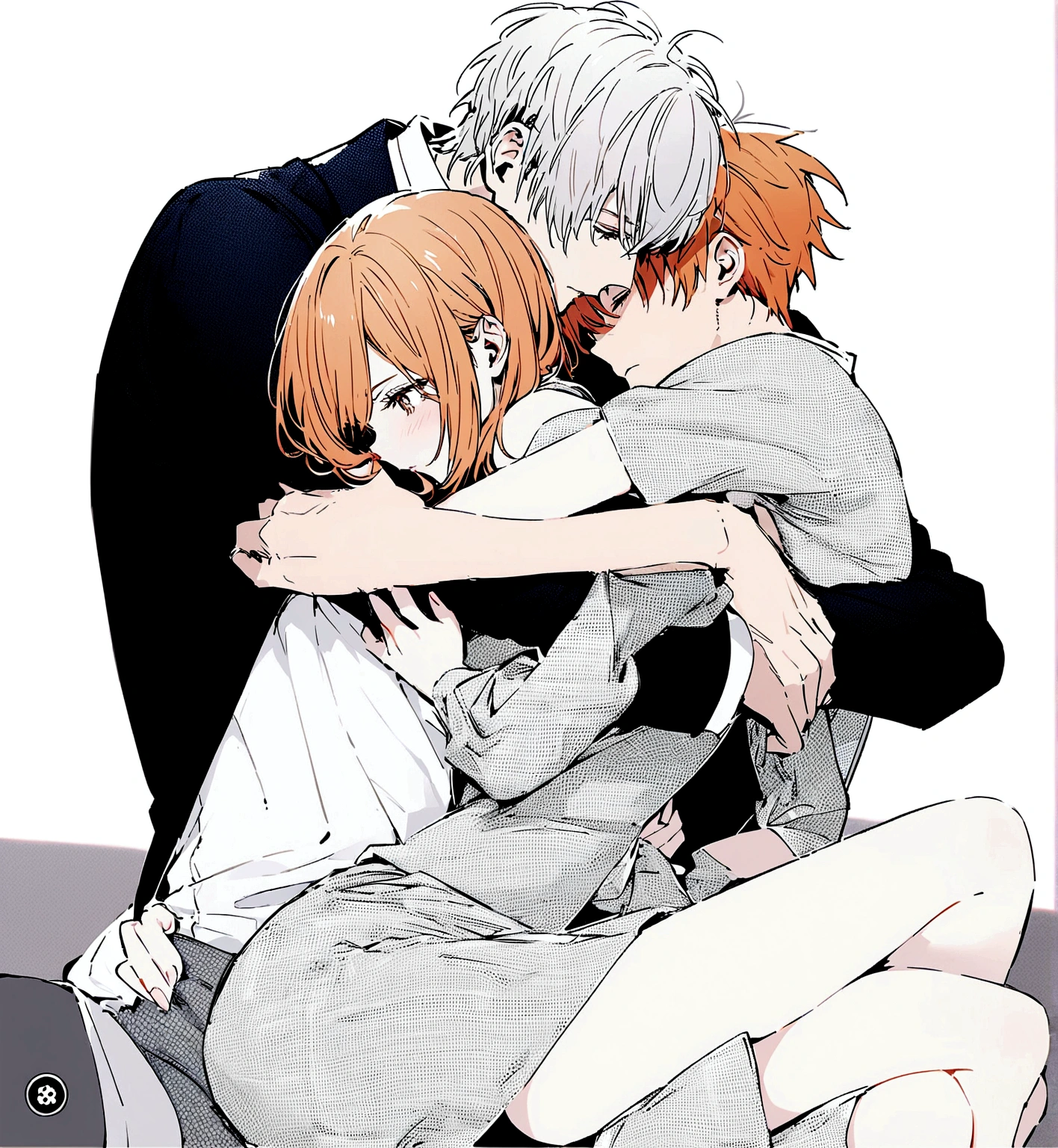 A handsome orange hair boy, hugging a beautiful short haired girl with white hair