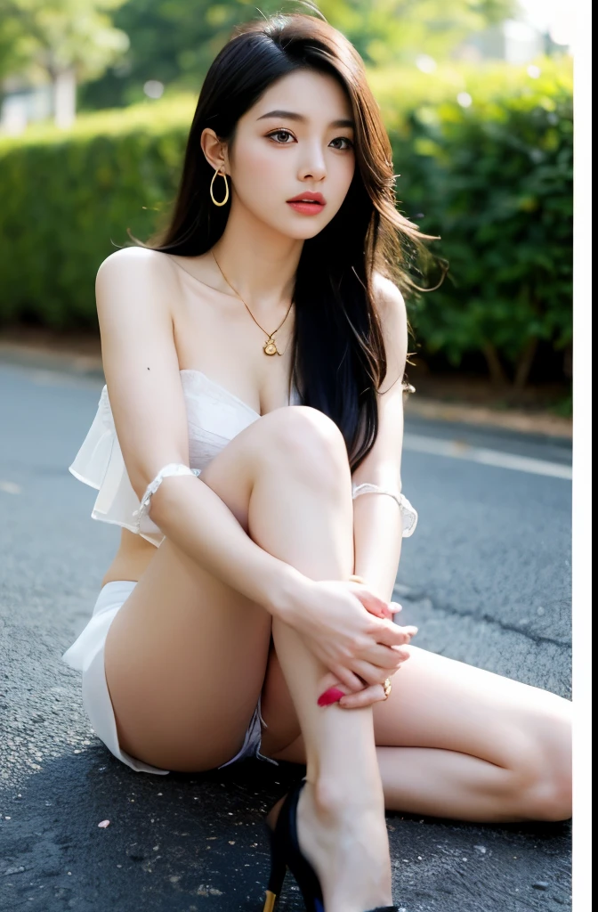 (masterpiece:1.3), (8 thousand, realistic, RAW photos, best quality: 1.4), (1 woman),(sheer silk blouse), (short skirt), (양쪽 다리에 짙은색 realistic 팬티 스타킹), (Wearing high heels on both feet), (full body shot), (outdoors in sunny weather), (walking like a model), (Beautiful makeover), (very beautiful body) , (Realistic and very beautiful face), (long eyelashes), (double eyelid), (Very beautiful eyes, realistic and delicate), (big bust) , (Strong body through exercise), (beautiful abs), (Beautiful heaps), (tall), (realistic face), (black hair. parted, long hair:1.3), (아름다운 parted스타일), (realistic and beautiful skin), (absurd), (attractive), (ultra high resolution), (extremely realistic), (very detailed), (golden ratio), (Two long, realistic and beautiful legs), (realistic 팔), (necklace), (earring),(beautiful nails manicure), (So beautiful and sexy), (perfect secretary look)