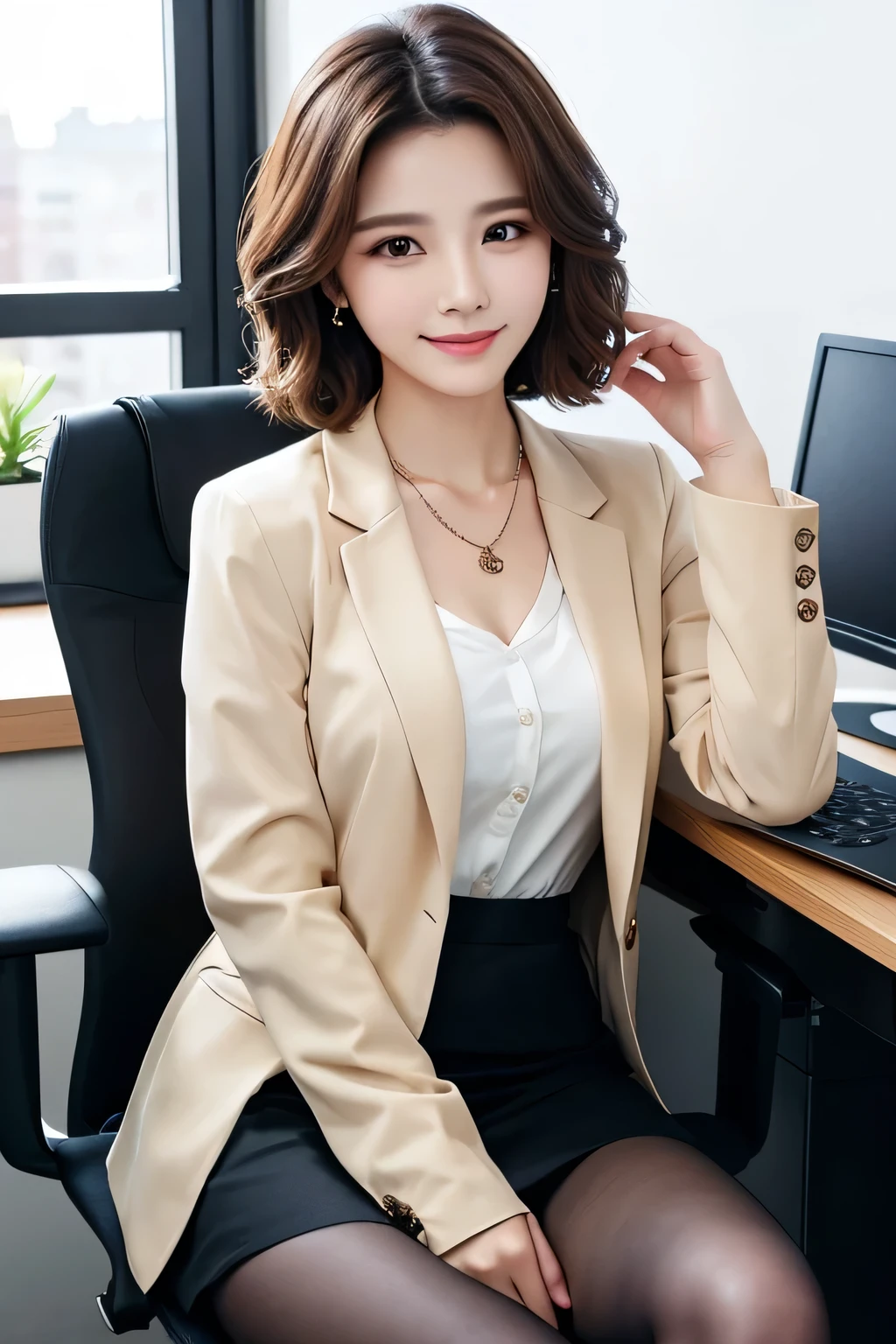Beautiful young woman、 Sitting in an office chair and working、Brown Hair、Necklace around the neck、Office Lady Suits、Jacket、Unbuttoned shirt、Knee-length skirt、tights、、Full body photo、smile、Beautiful teeth alignment、Wavy Hair、short hair、Intricate details, Very detailed:1.2), 、 Looking into the camera,The background is the office、Necklace around the neck、Dark eyeliner、ear piercing