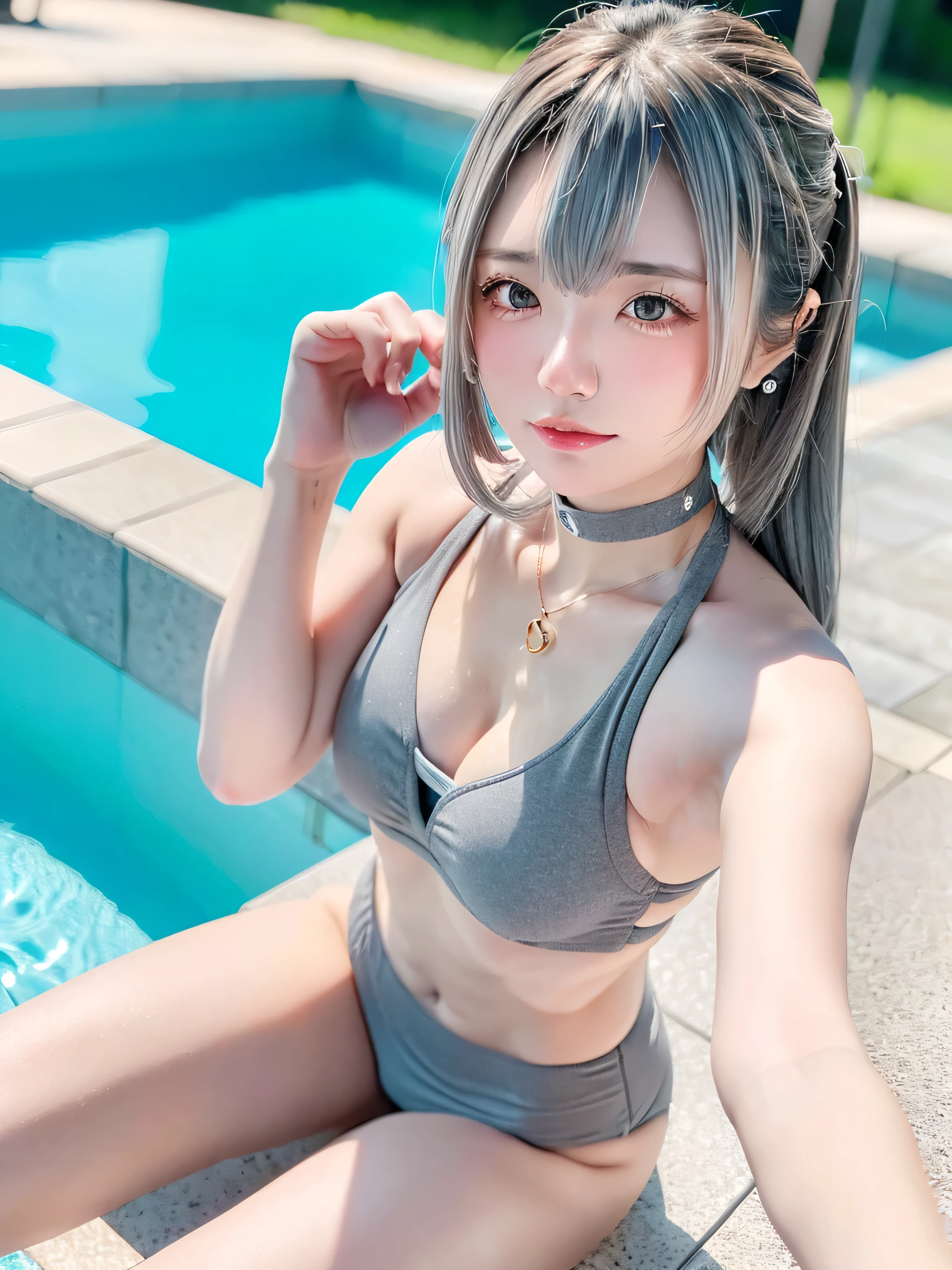8K, RAW Photos, Fujifilm, Beautiful 20 year old woman style photo, (((Gray Hair:1.3,美しいGray Hairのストレートヘアー、シルキーなGray Hair)))、(((School Swimsuit:1.5,))) Gold earrings, (Highly detailed skin: 1.2), Light medium brown hair, Film Grain, 35mm, Cute Style、(((Sitting 1.5)))、Selfie with smartphone、Pool