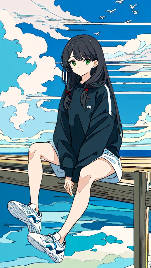 masterpiece, intricate details,highest quality, 1 girl, alone, handrail, cloud,outdoor, whale,long hair, shoes, null, long sleeve, sneakers, power line, 白いshoes, black hair, looking at the viewer, telephone pole, bangs, cloudy null, fish, bird, green eyes, shorts, animal, Day, black shirt,立っている