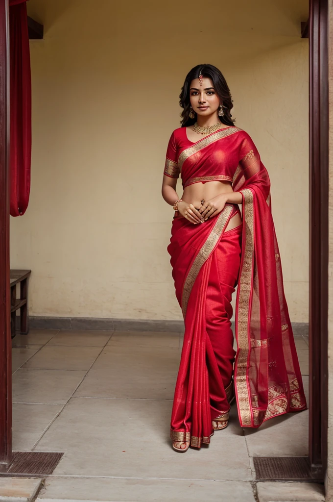 A girl is standing wear beutiful red saree