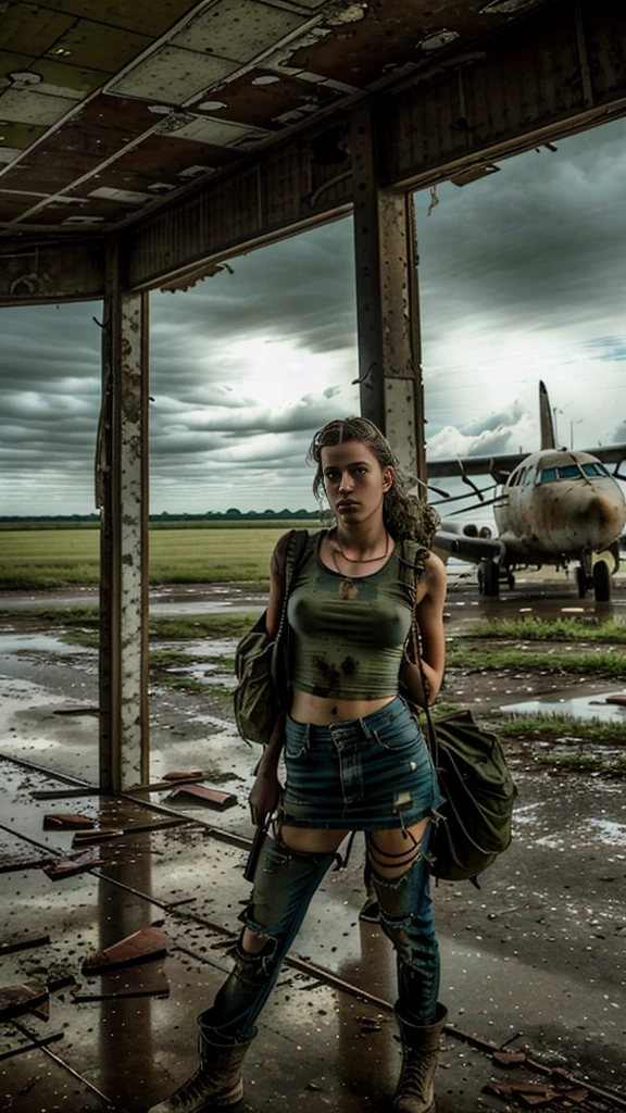 a 16 y.o. trashy girl at abandoned airport, derelict airplane, overgrown nature, ruins, crumbling architecture, atmospheric lighting, cinematic composition, moody tones, realistic, photorealistic, 8k, best quality, highly detailed, masterpiece, cinematic lighting, dramatic shadows, gritty, weathered, dystopian, sci-fi, post-apocalyptic